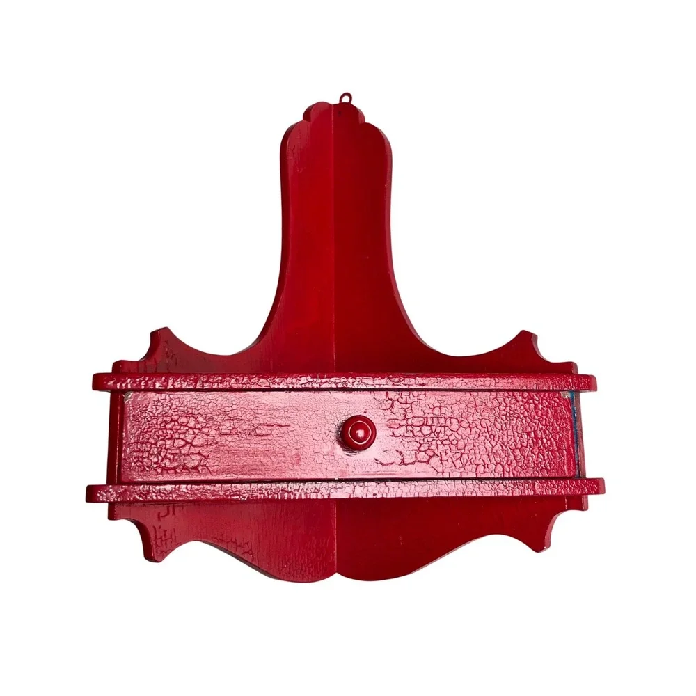 Vintage Red Crackle Wood Corner Shelf with Drawer Wall Hanging Scalloped
